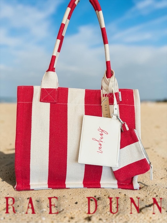 Rae Dunn Handbags - NWT Rae Dunn "Bonjour" 3-Piece Canvas Tote Bag Set – Red & White Stripes